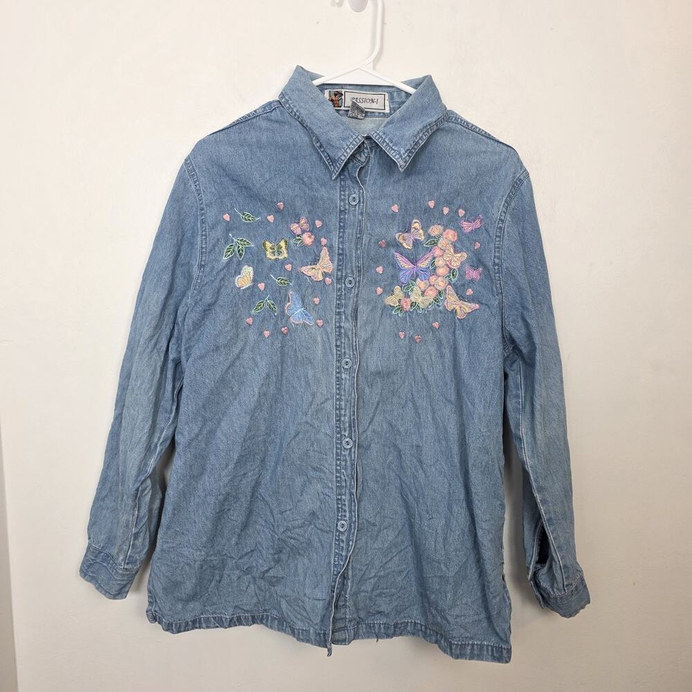 Passion-I‎ Denim Pink Butterfly Embroidered Button Up Long Sleeve Shirt Size L